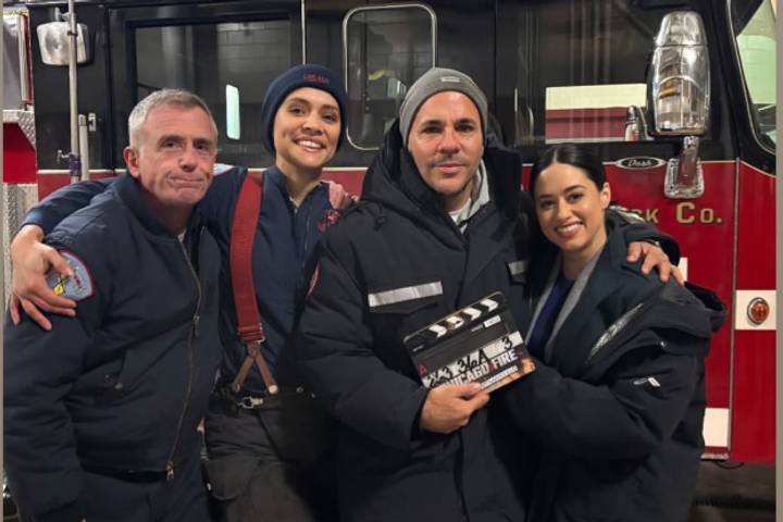 David Eigenberg, Miranda Rae Mayo, Anthony Nardolillo and Jeanine Mason on the set of Chicago Fire