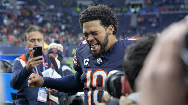 An emotional Caleb Williams is charged up leaving the field in London after Sunday's 35-16 win over the Jaguars.
