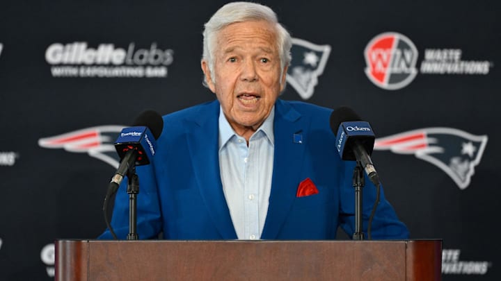 New England Patriots owner Robert Kraft introduces Mike Vrabel (not photographed) as the New England Patriots new head coach at a press conference at Gillette Stadium.
