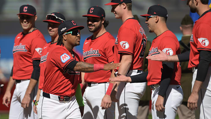 Oct 5, 2024; Cleveland, OH, USA; Cleveland Guardians third baseman Jose Ramirez (11) is introduced before playing against the Detroit Tigers in game one of the ALDS for the 2024 MLB Playoffs at Progressive Field. Mandatory Credit: Ken Blaze-Imagn Images Oct 5, 2024; Cleveland, OH, USA; Cleveland Guardians third baseman Jose Ramirez (11) is introduced before playing against the Detroit Tigers in game one of the ALDS for the 2024 MLB Playoffs at Progressive Field. Mandatory Credit: Ken Blaze-Imagn Images
