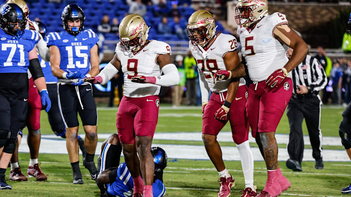 Oct 18, 2024; Durham, North Carolina, USA; Florida State Seminoles running back Lawrance Toafili (9) celebrates a down during the first half of the game against Duke Blue Devils at Wallace Wade Stadium. Mandatory Credit: Jaylynn Nash-Imagn Images