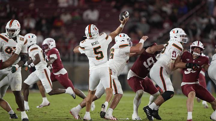 Sep 4, 2026; Stanford, California, USA; Miami Hurricanes quarterback Luke Nickel (5) throws downfield against the Stanford Cardinal during the fourth quarter at Stanford Stadium. Mandatory Credit: Stan Szeto-Imagn Images Sep 4, 2026; Stanford, California, USA; Miami Hurricanes quarterback Luke Nickel (5) throws downfield against the Stanford Cardinal during the fourth quarter at Stanford Stadium. Mandatory Credit: Stan Szeto-Imagn Images