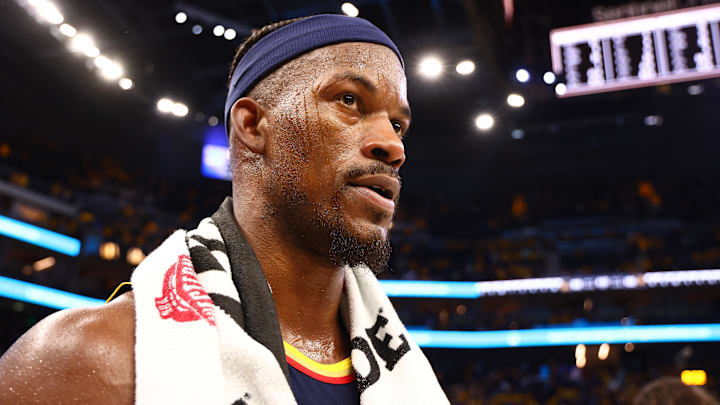 Apr 28, 2025; San Francisco, California, USA; Golden State Warriors forward Jimmy Butler III (10) after game four of the 2025 NBA Playoffs first round against the Houston Rockets at Chase Center. Mandatory Credit: Kelley L Cox-Imagn Images