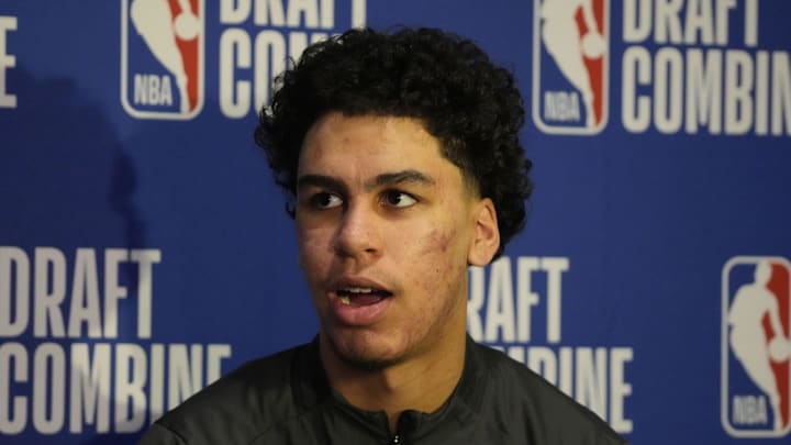 May 14, 2025; Chicago, Il, USA; Will Riley talks to the media during the 2025 NBA Draft Combine at Marriott Marquis Chicago. Mandatory Credit: David Banks-Imagn Images
