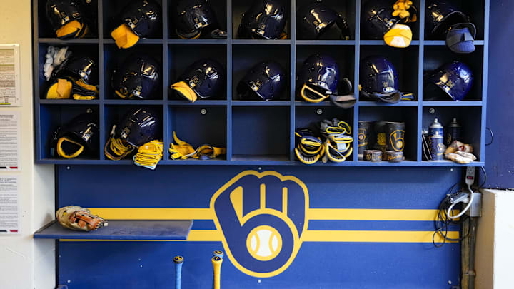 Sep 17, 2024; Milwaukee, Wisconsin, USA; General view of batting helmets inside the Milwaukee Brewers dugout prior to the game against the Philadelphia Phillies at American Family Field. Mandatory Credit: Jeff Hanisch-Imagn Images Sep 17, 2024; Milwaukee, Wisconsin, USA; General view of batting helmets inside the Milwaukee Brewers dugout prior to the game against the Philadelphia Phillies at American Family Field. Mandatory Credit: Jeff Hanisch-Imagn Images