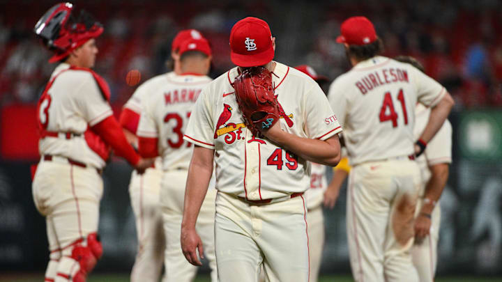Apr 11, 2026; St. Louis, Missouri, USA; St. Louis Cardinals pitcher Matt Svanson (49) reacts as he walks off the field after he was removed from the game during the ninth inning against the Boston Red Sox at Busch Stadium. Mandatory Credit: Jeff Curry-Imagn Images Apr 11, 2026; St. Louis, Missouri, USA; St. Louis Cardinals pitcher Matt Svanson (49) reacts as he walks off the field after he was removed from the game during the ninth inning against the Boston Red Sox at Busch Stadium. Mandatory Credit: Jeff Curry-Imagn Images