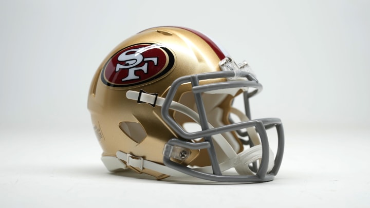 Feb 4, 2024; Las Vegas, NV, USA; Detailed view of San Francisco 49ers helmet. Mandatory Credit: Kirby Lee-USA TODAY Sports