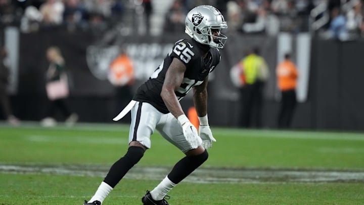 Dec 16, 2024; Paradise, Nevada, USA; Las Vegas Raiders cornerback Decamerion Richardson (25) against the Atlanta Falcons in the second half at Allegiant Stadium. Mandatory Credit: Kirby Lee-Imagn Images Dec 16, 2024; Paradise, Nevada, USA; Las Vegas Raiders cornerback Decamerion Richardson (25) against the Atlanta Falcons in the second half at Allegiant Stadium. Mandatory Credit: Kirby Lee-Imagn Images
