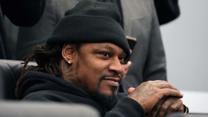 Jan 27, 2025; Las Vegas, NV, USA; Marshawn Lynch at a press conference at Intermountain Health Performance Center. 
