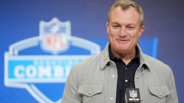 Feb 24, 2026; Indianapolis, IN, USA; San Francisco 49ers general manager John Lynch speaks at the NFL Scouting Combine at the Indiana Convention Center. Mandatory Credit: Kirby Lee-Imagn Images