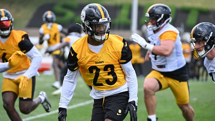 Jul 25, 2025; Pittsburgh, PA, USA; Pittsburgh Steelers cornerback Darius Slay (23) participates in drills during training camp at Saint Vincent College. Mandatory Credit: Barry Reeger-Imagn Images