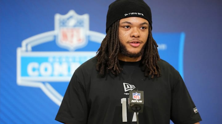 Feb 25, 2026; Indianapolis, IN, USA; Buffalo linebacker Red Murdock (LB17) speaks during the NFL Scouting Combine at the Indiana Convention Center. Mandatory Credit: Kirby Lee-Imagn Images