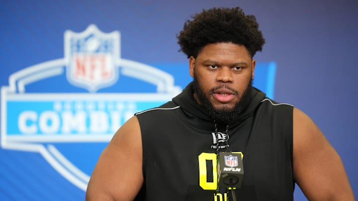 Feb 25, 2026; Indianapolis, IN, USA; Cincinnati defensive lineman Dontay Corleone (DL07) speaks during the NFL Scouting Combine at the Indiana Convention Center. Feb 25, 2026; Indianapolis, IN, USA; Cincinnati defensive lineman Dontay Corleone (DL07) speaks during the NFL Scouting Combine at the Indiana Convention Center.