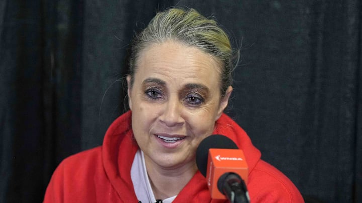Jul 5, 2024; Los Angeles, California, USA; Las Vegas Aces coach Becky Hammon at a press conference at Crypto.com Arena. Mandatory Credit: Kirby Lee-Imagn Images