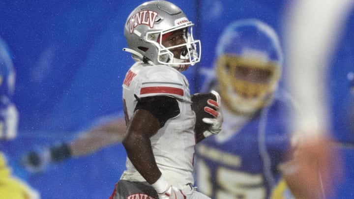 UNLV Rebels running back Jai'Den Thomas (9) runs for a touchdown against the San Jose State Spartans during the third quarter at CEFCU Stadium. Mandatory Credit: D. Ross Cameron-Imagn Images