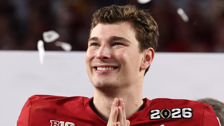 Former Indiana Hoosiers quarterback Fernando Mendoza  reacts after the College Football Playoff National Championship game.