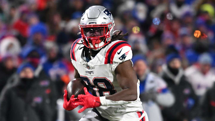 Dec 22, 2024; Orchard Park, New York, USA; New England Patriots running back Rhamondre Stevenson (38) carries the ball against the Buffalo Bills in the third quarter at Highmark Stadium. Mandatory Credit: Mark Konezny-Imagn Images Dec 22, 2024; Orchard Park, New York, USA; New England Patriots running back Rhamondre Stevenson (38) carries the ball against the Buffalo Bills in the third quarter at Highmark Stadium. Mandatory Credit: Mark Konezny-Imagn Images