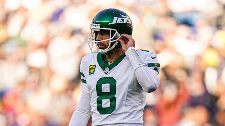 Oct 27, 2024; Foxborough, Massachusetts, USA; New York Jets quarterback Aaron Rodgers on the field against the New England Patriots.