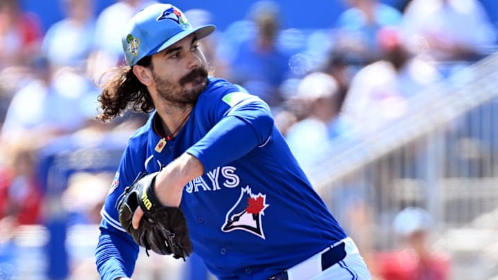Feb 28, 2026; Dunedin, Florida, USA; Toronto Blue Jays starting  pitcher Dylan Cease (84) throws a pitch in the first inning against the Philadelphia Phillies during spring training at TD Ballpark.