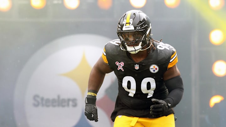 Dec 25, 2024; Pittsburgh, Pennsylvania, USA;  Pittsburgh Steelers defensive tackle Larry Ogunjobi (99) takes the field against the Kansas City Chiefs at Acrisure Stadium. Mandatory Credit: Charles LeClaire-Imagn Images