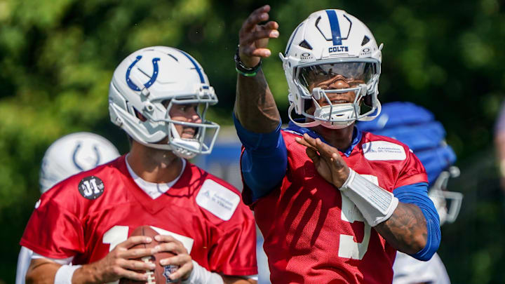 Indianapolis Colts players Daniel Jones (17) and Anthony Richardson Sr. (5) throw passes during the Colts training camp at Grand Park on Saturday, July 26, 2025, in Westfield, Ind.