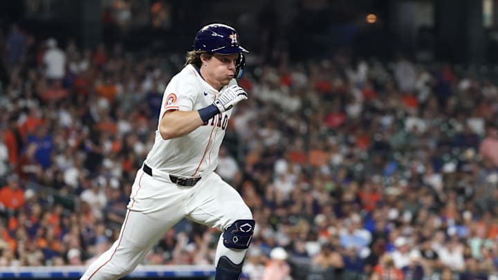 Sep 17, 2025; Houston, Texas, USA; Houston Astros center fielder Jake Meyers (6) hits a single and runs the first baseline against the Texas Rangers in the seventh inning at Daikin Park. Mandatory Credit: Thomas Shea-Imagn Images Sep 17, 2025; Houston, Texas, USA; Houston Astros center fielder Jake Meyers (6) hits a single and runs the first baseline against the Texas Rangers in the seventh inning at Daikin Park. Mandatory Credit: Thomas Shea-Imagn Images