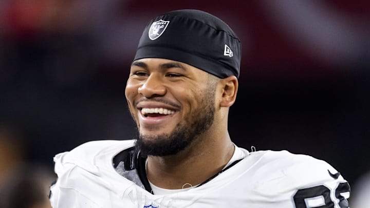 Aug 23, 2025; Glendale, Arizona, USA; Las Vegas Raiders defensive tackle Jonah Laulu (96) against the Arizona Cardinals during a preseason NFL game at State Farm Stadium. Mandatory Credit: Mark J. Rebilas-Imagn Images Aug 23, 2025; Glendale, Arizona, USA; Las Vegas Raiders defensive tackle Jonah Laulu (96) against the Arizona Cardinals during a preseason NFL game at State Farm Stadium. Mandatory Credit: Mark J. Rebilas-Imagn Images