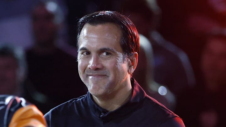 Miami Heat head coach Erik Spoelstra reacts (Mandatory Credit: Rhona Wise-Imagn Images)