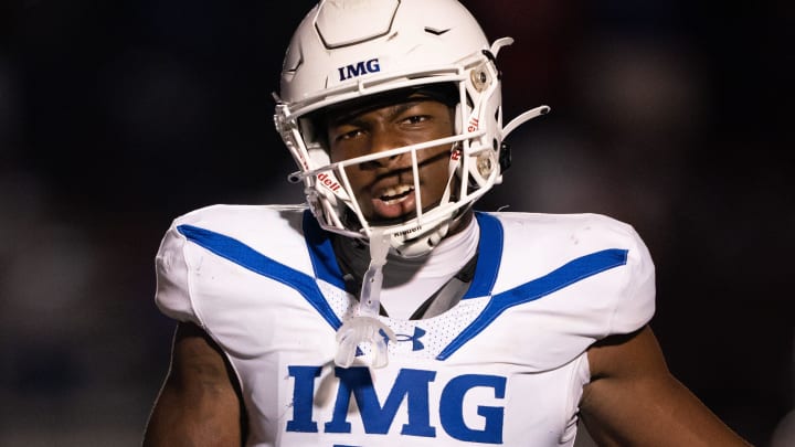 IMG's Gavin Nix (6) tries to quiet the crowd after he was called for roughing the Lipscomb passer at Lipscomb's Reese Smith Football Field in Nashville, Tenn., Friday night, Aug. 18, 2023. IMG went on to win the game 35-10.