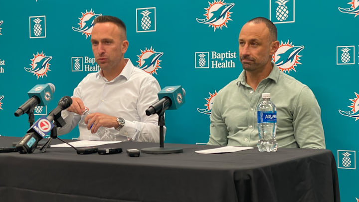 New Dolphins GM Jon-Eric Sullivan (right) and new head coach Jeff Hafley discuss their first draft together with Miami