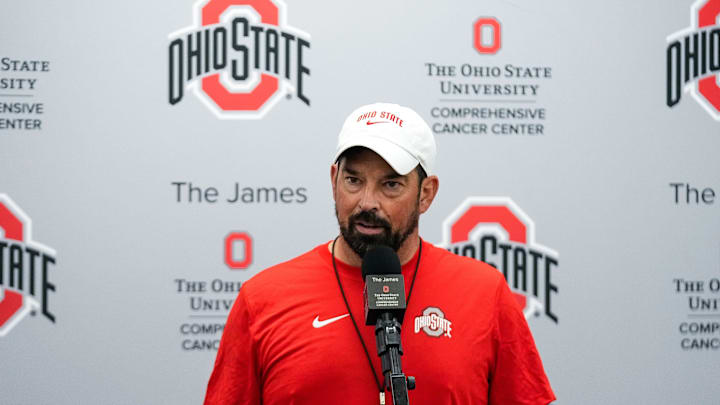 Ohio State head coach Ryan Day speaks to the media at the Woody Hayes Athletic Center on Thursday, July 31, 2025 in Columbus, Ohio.