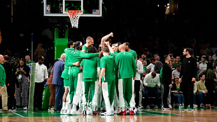 Dec 8, 2023; Boston, Massachusetts, USA;  The Boston Celtics huddle before a game against the New York Knicks at TD Garden. Mandatory Credit: Eric Canha-Imagn Images