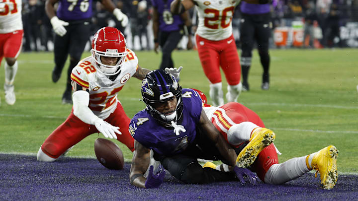 Jan 28, 2024; Baltimore, Maryland, USA; Kansas City Chiefs cornerback Trent McDuffie (22) recovers a fumble into the end zone by Baltimore Ravens wide receiver Zay Flowers (4) in the AFC Championship football game at M&T Bank Stadium. Mandatory Credit: Geoff Burke-USA TODAY Sports