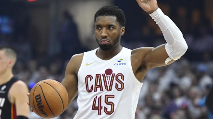 Apr 23, 2025; Cleveland, Ohio, USA; Cleveland Cavaliers guard Donovan Mitchell (45) reacts in the first quarter of game two of the first round of the 2025 NBA Playoffs against the Miami Heat at Rocket Arena. Mandatory Credit: David Richard-Imagn Images