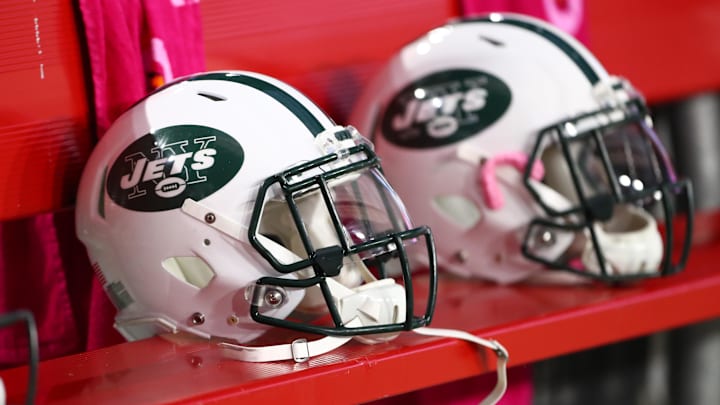 Oct 17, 2016; Glendale, AZ, USA; Detailed view of a New York Jets helmet during the game against the Arizona Cardinals at University of Phoenix Stadium. Mandatory Credit: Mark J. Rebilas-Imagn Images