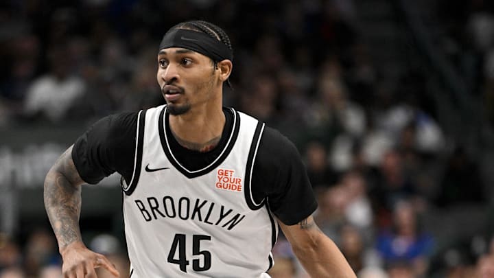 Mar 31, 2025; Dallas, Texas, USA; Brooklyn Nets guard Keon Johnson (45) in action during the game between the Dallas Mavericks and the Brooklyn Nets at the American Airlines Center. Mandatory Credit: Jerome Miron-Imagn Images