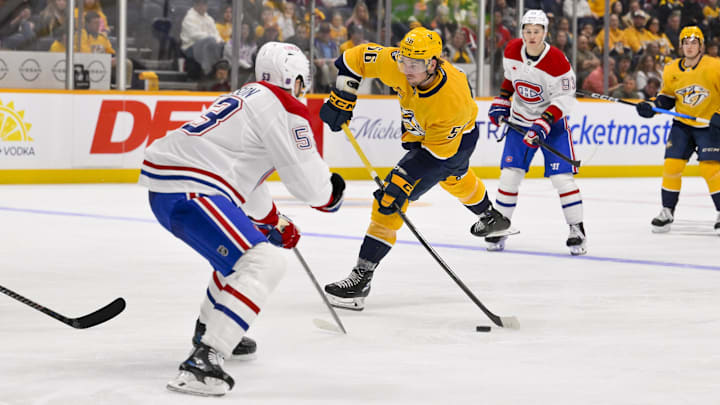 Mar 28, 2026; Nashville, Tennessee, USA; Montreal Canadiens defenseman Noah Dobson (53) blocks the shot of Nashville Predators left wing Erik Haula (56) during the third period Gat Bridgestone Arena. Mandatory Credit: Steve Roberts-Imagn Images Mar 28, 2026; Nashville, Tennessee, USA; Montreal Canadiens defenseman Noah Dobson (53) blocks the shot of Nashville Predators left wing Erik Haula (56) during the third period Gat Bridgestone Arena. Mandatory Credit: Steve Roberts-Imagn Images
