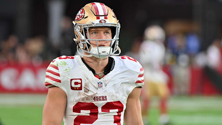 Nov 16, 2025; Glendale, Arizona, USA; San Francisco 49ers running back Christian McCaffrey (23) looks on in the second half against the Arizona Cardinals at State Farm Stadium. Mandatory Credit: Matt Kartozian-Imagn Images