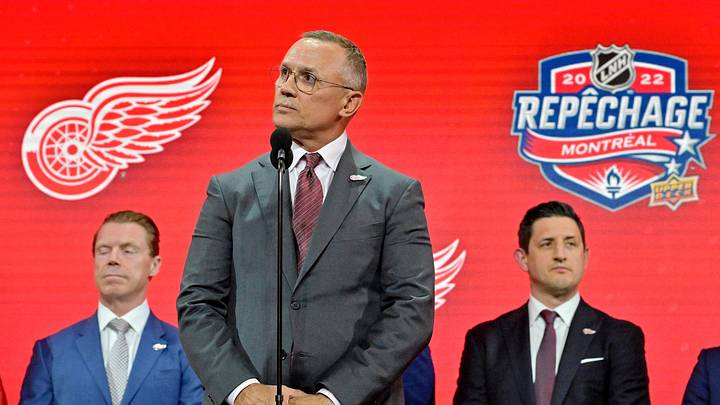Jul 7, 2022; Montreal, Quebec, CANADA; Detroit Red Wings general manager Steve Yzerman announces Marco Kasper (not pictured) as the number eight overall pick to the Detroit Red Wings in the first round of the 2022 NHL Draft at Bell Centre. Mandatory Credit: Eric Bolte-Imagn Images