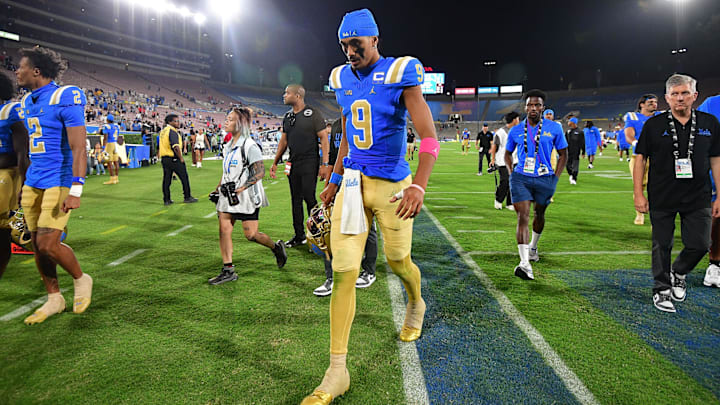 Aug 30, 2025; Pasadena, California, USA; UCLA Bruins quarterback Nico Iamaleava (9) leaves the field following the loss aganst the Utah Utes at Rose Bowl. Mandatory Credit: Gary A. Vasquez-Imagn Images Aug 30, 2025; Pasadena, California, USA; UCLA Bruins quarterback Nico Iamaleava (9) leaves the field following the loss aganst the Utah Utes at Rose Bowl. Mandatory Credit: Gary A. Vasquez-Imagn Images