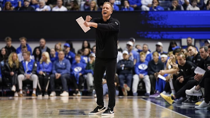 Feb 21, 2026; Provo, Utah, USA; BYU Cougars head coach Kevin Young reacts during the first half against the Iowa State Cyclones at Marriott Center. Mandatory Credit: Aaron Baker-Imagn Images