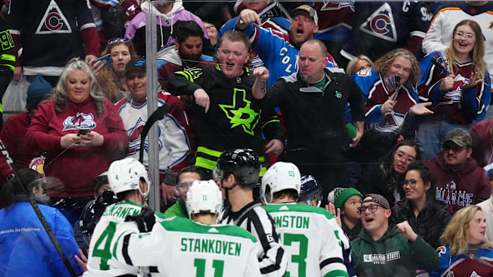 Apr 7, 2024; Denver, Colorado, USA; Dallas Stars and Colorado Avalanche fans react following a