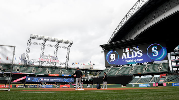 Oct 4, 2025; Seattle, Washington, USA; A general view of 2025 MLB postseason signage before game one of the ALDS round between the Seattle Mariners and Detroit Tigers for the 2025 MLB playoffs at T-Mobile Park. Mandatory Credit: Joe Nicholson-Imagn Images
