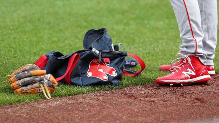 July 10, 2020; Boston, Massachusetts, United States; A general view of Boston Red Sox gear during summer camp practices at Fenway Park. Mandatory Credit: Paul Rutherford-Imagn Images