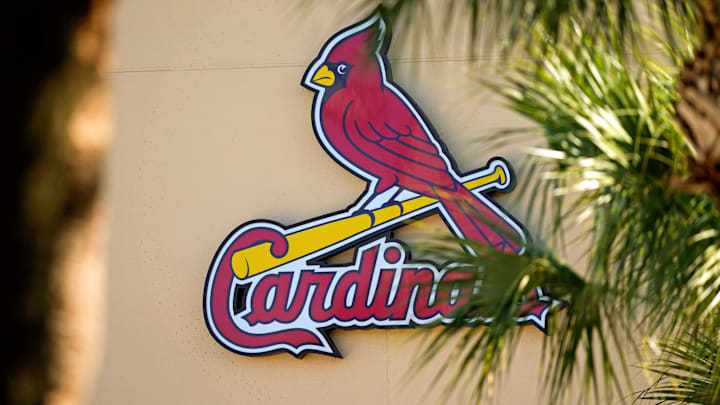 Feb 26, 2021; Jupiter, Florida, USA; A general view of the St. Louis Cardinals logo on the stadium at Roger Dean Stadium during spring training workouts. Mandatory Credit: Jasen Vinlove-Imagn Images