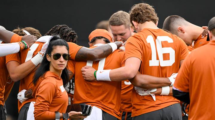 Oct 26, 2024; Nashville, Tennessee, USA; Texas Longhorns wide receiver and quarterback huddle during pregame warmups at FirstBank Stadium. Mandatory Credit: Steve Roberts-Imagn Images Oct 26, 2024; Nashville, Tennessee, USA; Texas Longhorns wide receiver and quarterback huddle during pregame warmups at FirstBank Stadium. Mandatory Credit: Steve Roberts-Imagn Images