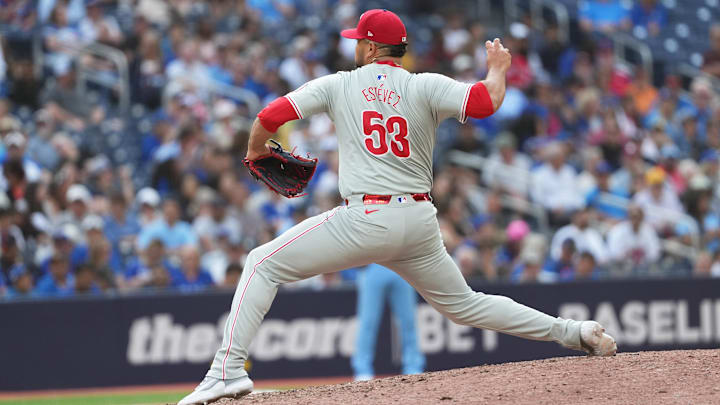 Sep 4, 2024; Toronto, Ontario, CAN; Philadelphia Phillies relief pitcher Carlos Estevez (53) throws a pitch against the Toronto Blue Jays during the ninth inning at Rogers Centre.