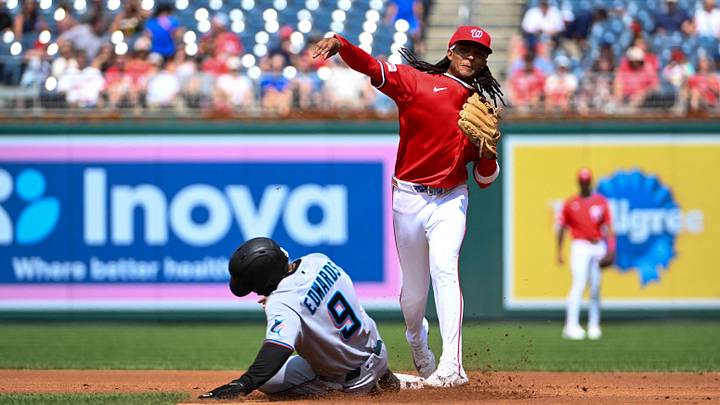 Aug 30, 2026; Washington, District of Columbia, USA; Washington Nationals second baseman CJ Abrams (5) forces Miami Marlins second baseman Xavier Edwards (9) and throws to complete a double play during the second inning at Nationals Park. Mandatory Credit: Brad Mills-Imagn Images Aug 30, 2026; Washington, District of Columbia, USA; Washington Nationals second baseman CJ Abrams (5) forces Miami Marlins second baseman Xavier Edwards (9) and throws to complete a double play during the second inning at Nationals Park. Mandatory Credit: Brad Mills-Imagn Images