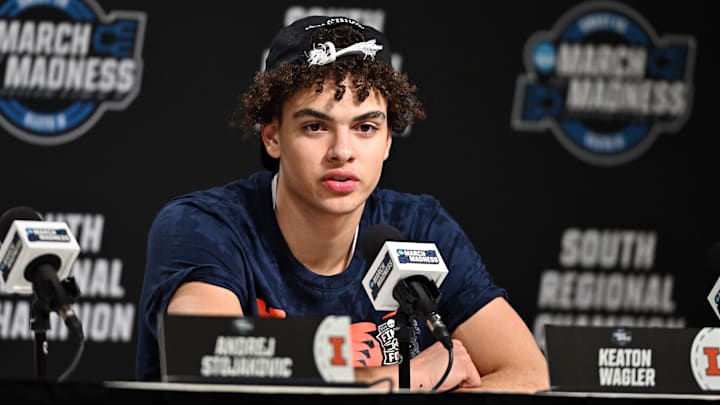 Mar 28, 2026; Houston, TX, USA; Illinois Fighting Illini guard Keaton Wagler (23) speaks in a press conference after defeating the Iowa Hawkeyes in an Elite Eight game of the South Regional of the men's 2026 NCAA Tournament at Toyota Center. Mandatory Credit: Maria Lysaker-Imagn Images Mar 28, 2026; Houston, TX, USA; Illinois Fighting Illini guard Keaton Wagler (23) speaks in a press conference after defeating the Iowa Hawkeyes in an Elite Eight game of the South Regional of the men's 2026 NCAA Tournament at Toyota Center. Mandatory Credit: Maria Lysaker-Imagn Images