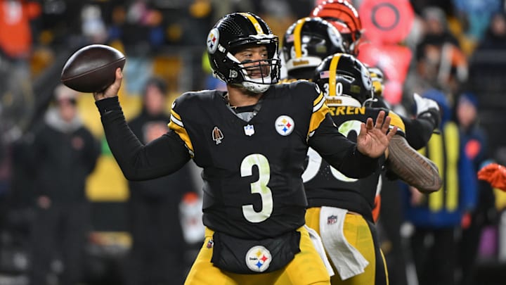 Jan 4, 2025; Pittsburgh, Pennsylvania, USA; Pittsburgh Steelers quarterback Russell Wilson (3) throws a pass against the Cincinnati Bengals during the second quarter at Acrisure Stadium. Mandatory Credit: Barry Reeger-Imagn Images